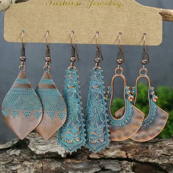 Ancient Green Teal & Bronze Vintage Pendant Earrings Folklore Drop Dangle 3 Pair - Picture 4 of 7